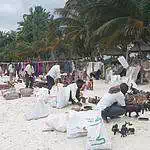 Cleaning carvings on beach